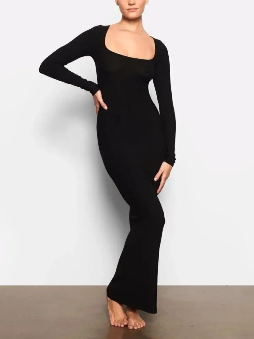 SKIMS Soft Lounge Dress Long Sleeve Square Neck Bodycon‎ Maxi Onyx Black Small
